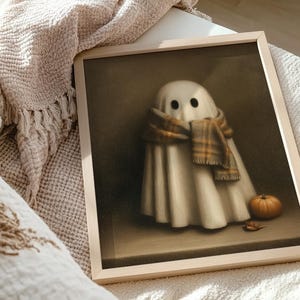 Set of 4 cute Halloween ghost art prints, vintage spooky fall wall decor, rustic autumn printable artwork, cottagecore Halloween home decoration