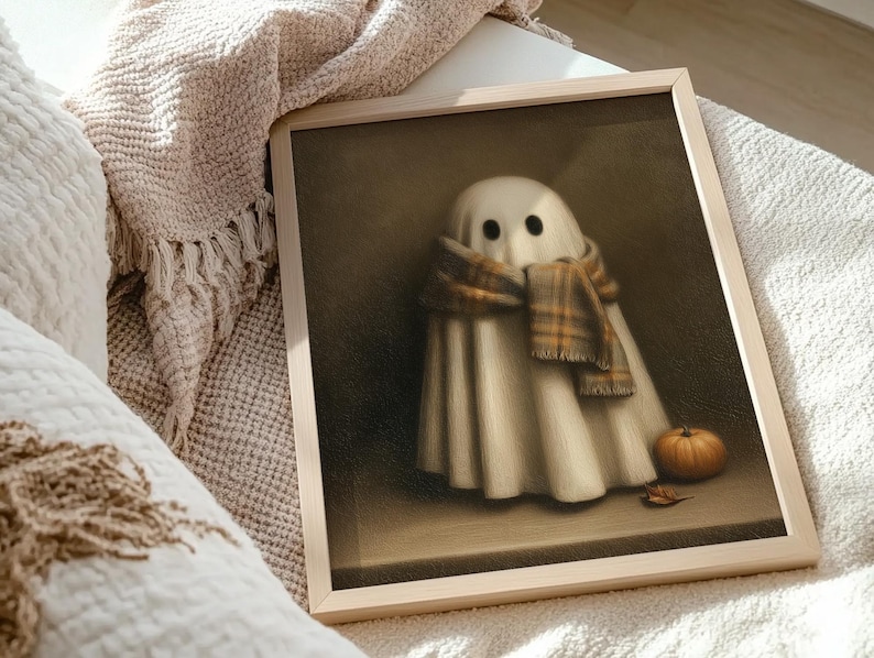 Set of 4 cute Halloween ghost art prints, vintage spooky fall wall decor, rustic autumn printable artwork, cottagecore Halloween home decoration