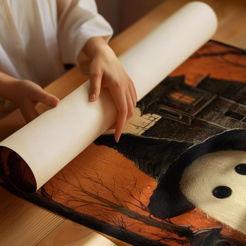 May include: A rolled-up white paper print is held over a Halloween-themed artwork. The artwork features a spooky house, bare trees, and a figure with a white mask against an orange background. The print is on a wooden surface.