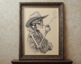 Gothic Cowboy Skeleton Print, Rustic Western Halloween Wall Art, Creepy Skull Poster, Vintage Gothic Country Decor