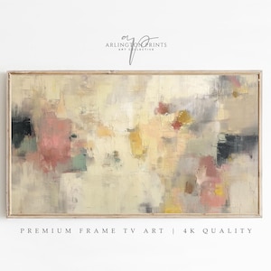 May include: Abstract painting in shades of beige, pink, and gray with a light wood frame. The painting features a variety of shapes and textures, creating a modern and minimalist aesthetic.