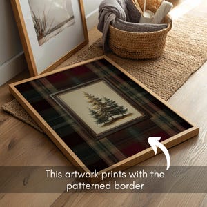 Vintage pine tree painting surrounded by a red, green, and gold tartan plaid border, rustic Christmas wall art for lodge or farmhouse holiday decor.