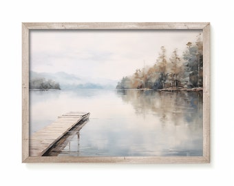 Printable Lake Painting, Old Lake Dock Landscape, Minimalist, Oil Painting Print, Digital Download, Farmhouse Prints