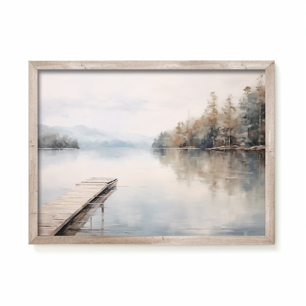 Printable Lake Painting, Old Lake Dock Landscape, Minimalist, Oil Painting Print, Digital Download, Farmhouse Prints