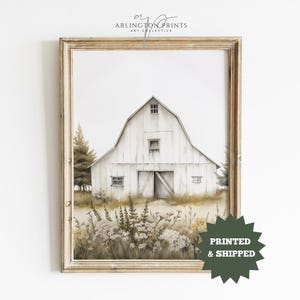 Rustic Barn Art, White Barn Painting, PRINTED AND SHIPPED, Farmhouse Wall Art, Cottage Core, Countryside Mailed Print