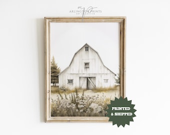 Rustic Barn Art, White Barn Painting, PRINTED AND SHIPPED, Farmhouse Wall Art, Cottage Core, Countryside Mailed Print