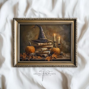 Arte mural espeluznante de Halloween: sombrero de bruja sobre una pila de libros de hechizos imprimible, descarga digital, impresión de brujas de Halloween, hechizos de Halloween / P19