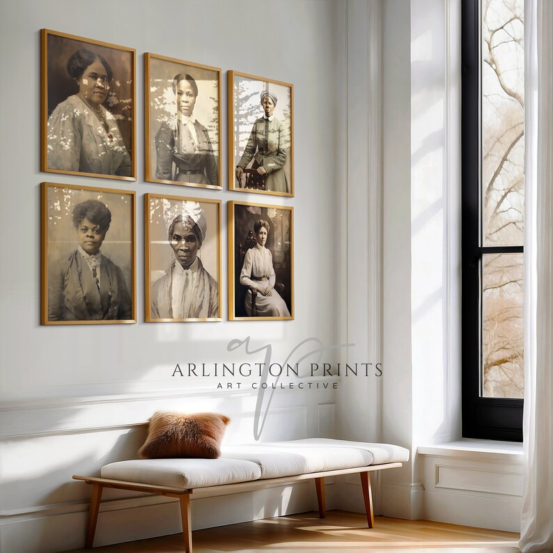 May include: Six framed sepia-toned portraits of women hang on a white wall. The portraits are in gold frames. A bench with a brown fur pillow sits below the portraits. The text "ARLINGTON PRINTS ART COLLECTIVE" is at the bottom.