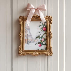 Ziemlich Pastell Weihnachtsanstrich, druckbare rosa Paris Winterwandkunst, Girly Feiertagsdekor, Eiffelturm-Weihnachtskunst, verschneite Stadtansicht
