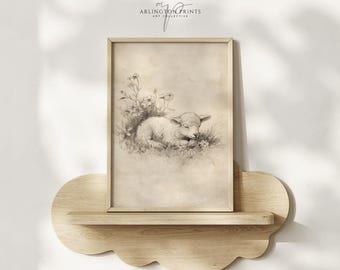 Vintage Sheep Sketch Printable, Neutral Antique Nursery Animal Art, Farm Lamb Wall Decor 5021