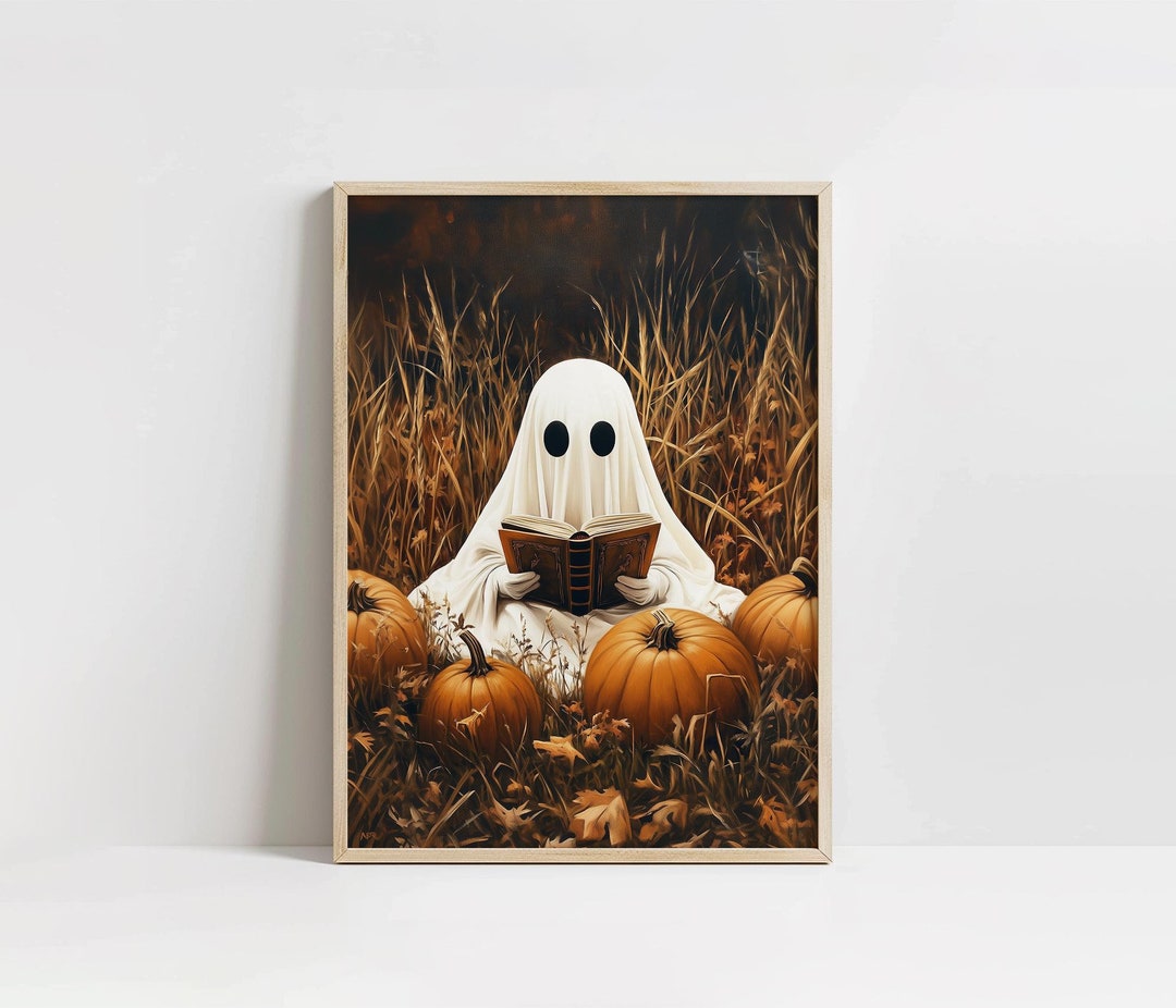 Cute Ghost Reading Print, Autumn Decor, Halloween Book Painting ...