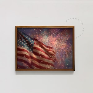 American Flag and Fireworks Printable Art, 4th of July Vintage Wall Decor, Rustic USA Flag Digital Download for Summer, Independence Day