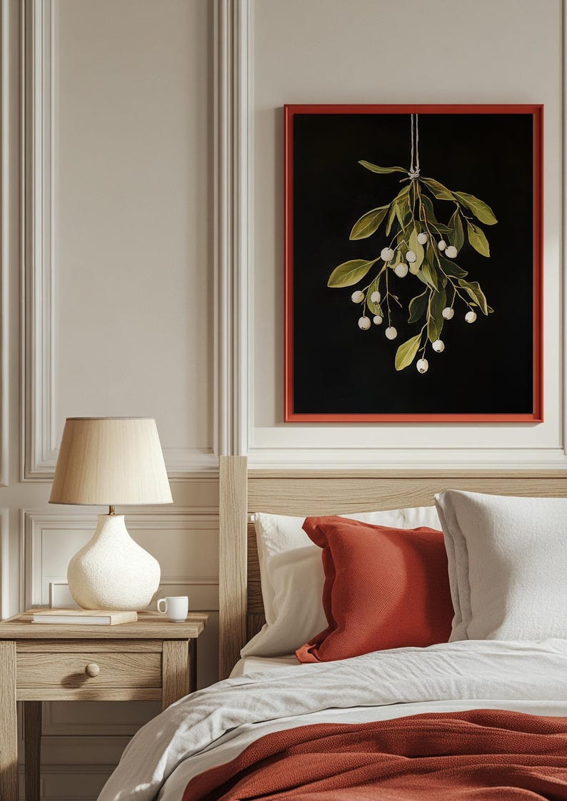 Printable mistletoe wall art with green leaves and white berries on a dark background, vintage rustic Christmas holiday print