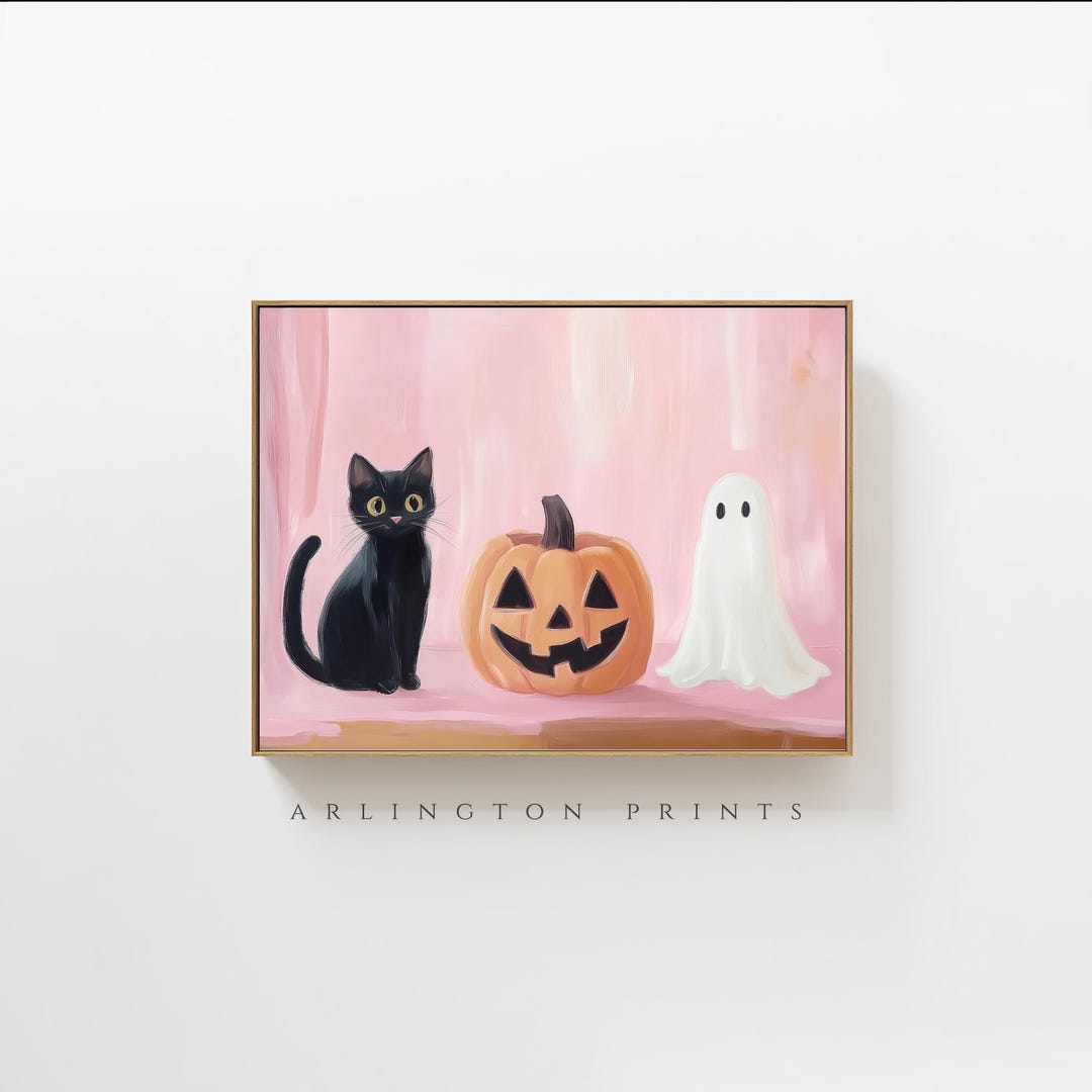Cute Ghost and Black Cat Print, Jack-o-lantern Wall Art, Pink Girly ...