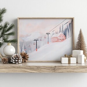 Pink Christmas Ski Lodge Wall Art, PRINTABLE Snowy Winter Painting, Pink Mountain Landscape Print, Winter Home Decor, Vintage Ski Lift Print, Abstract Acrylic Painting, Matisse Style, Soft Pastel Colors, Digital Download Art, Snowy Pink Landscape