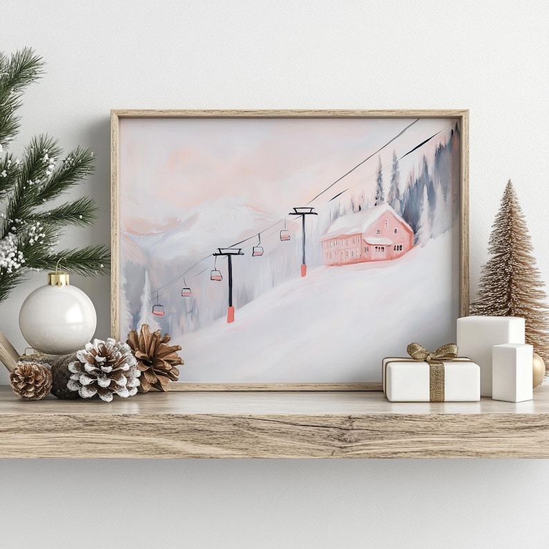 Pink Christmas Ski Lodge Wall Art, PRINTABLE Snowy Winter Painting, Pink Mountain Landscape Print, Winter Home Decor, Vintage Ski Lift Print, Abstract Acrylic Painting, Matisse Style, Soft Pastel Colors, Digital Download Art, Snowy Pink Landscape