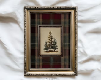Classic Plaid Pine Tree Wall Art, Christmas Cabin Decor, Neutral Forest Print for Cozy Holiday Homes T147