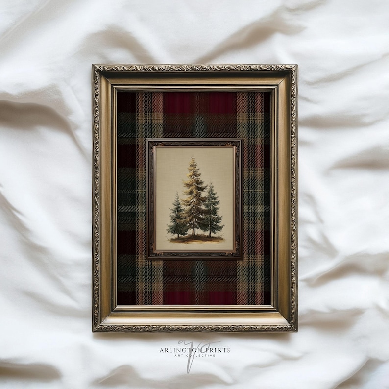 Vintage pine tree painting surrounded by a red, green, and gold tartan plaid border, rustic Christmas wall art for lodge or farmhouse holiday decor.