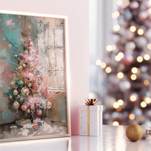 May include: A painting of a pink Christmas tree with ornaments and lights in a room with a window. The tree is decorated with pink, white, and blue ornaments. The painting is framed in a gold frame.