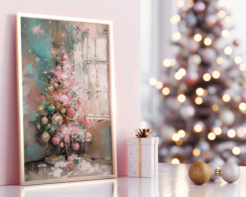 May include: A painting of a pink Christmas tree with ornaments and lights in a room with a window. The tree is decorated with pink, white, and blue ornaments. The painting is framed in a gold frame.
