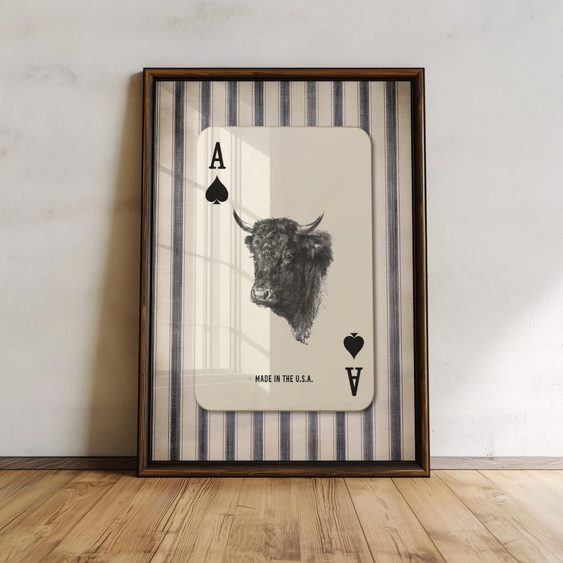 Downloadable western wall art featuring a black bull head inside an Ace of Spades playing card with “Made in the U.S.A.” text, styled with vintage country charm.