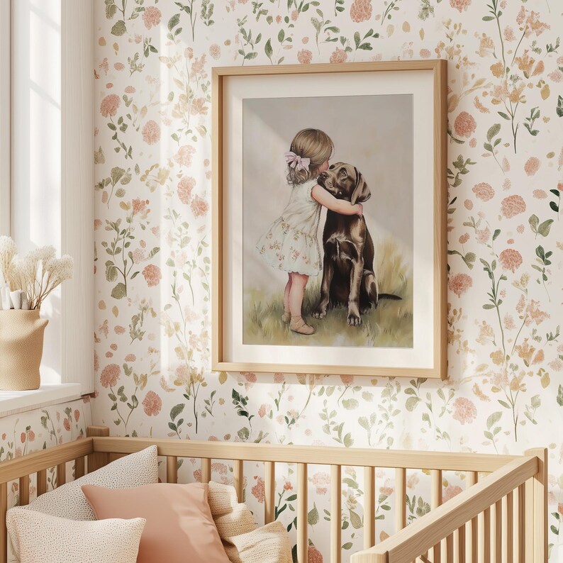 Vintage Nursery Wall Art of Little Girl Hugging Dog, Tender Child and Puppy Painting, Sweet Friendship Artwork, Neutral Baby Room Decor, Farmhouse Kids Print