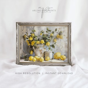 Rustic Farmhouse Kitchen Painting | Printable Still Life Lemon Wall Art | Vintage Summer Country Decor | Instant Download A06