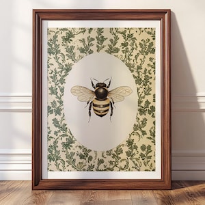 Vintage Biene Wandkunst, Cottagecore Blumendruck, Botanisches Insektendekor, Hummel Ovaler Druck, rustikales Gartenkunstplakat SK-842