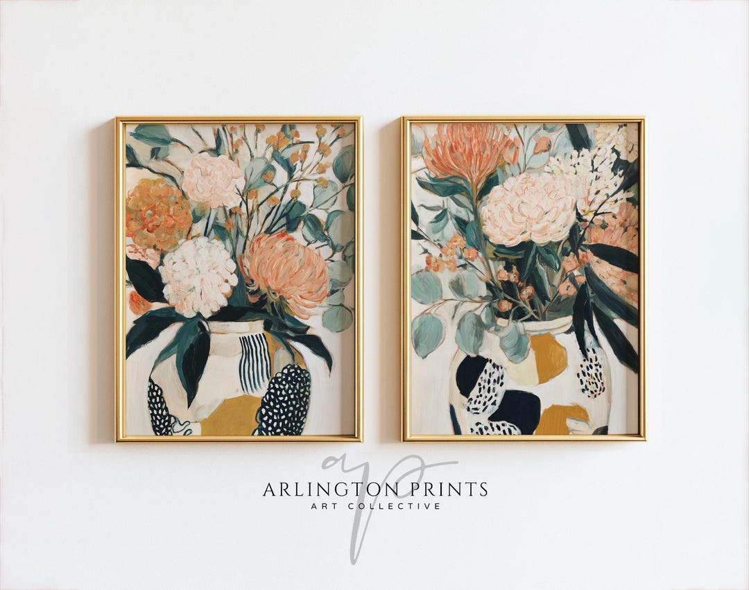 Modern Abstract Floral Wall Art Set of 2, Boho Bouquet Paintings ...