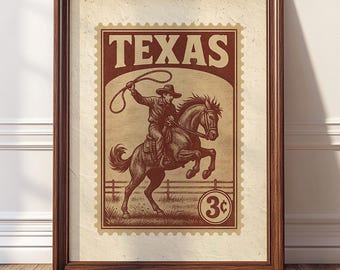 Texas Stamp, Rodeo Cowboy Poster, Western Dekor, druckbare Landhaus Dekoration, Vintage Wanddruck C542