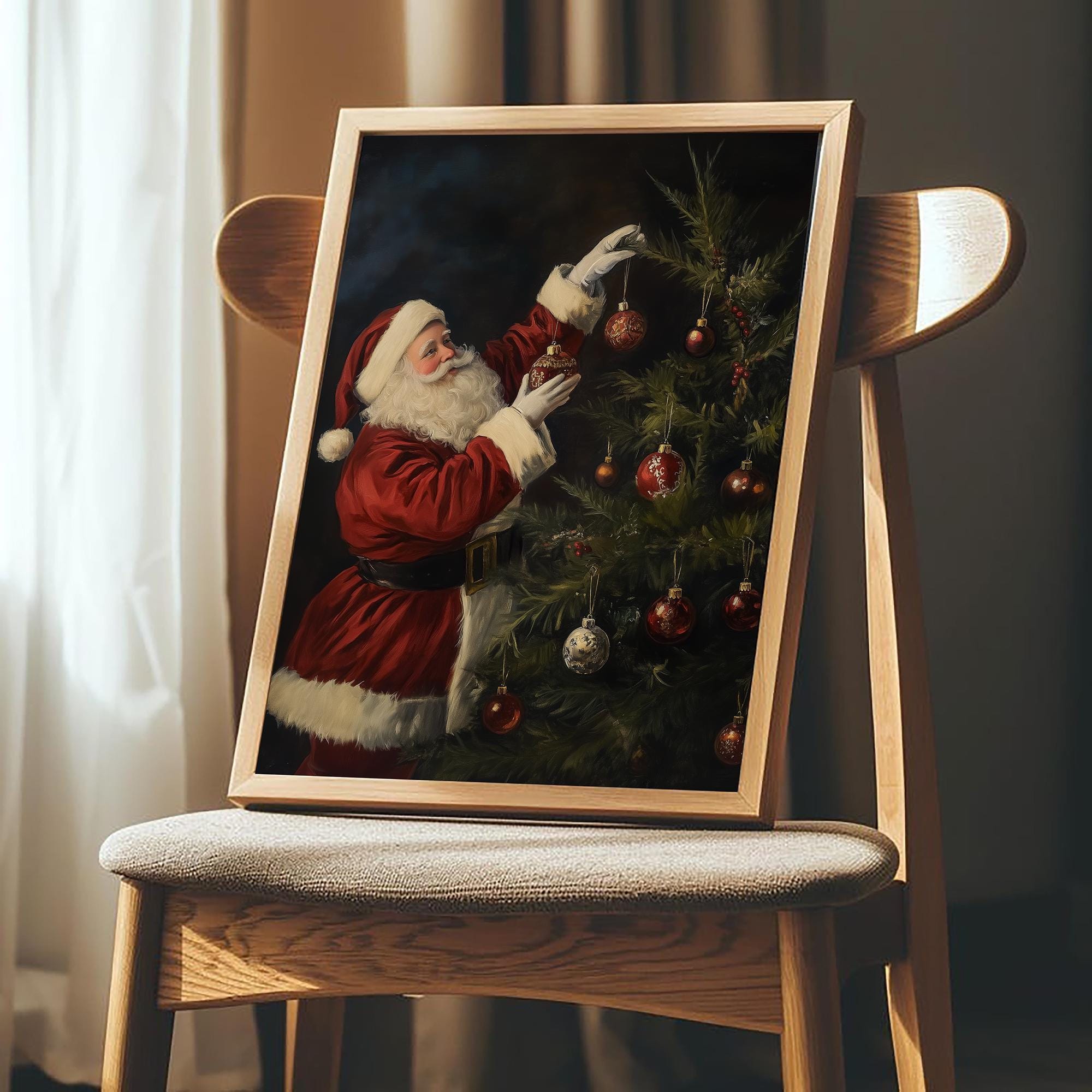 ダークヴィンテージのクリスマスサンタクロース絵画、華やかな