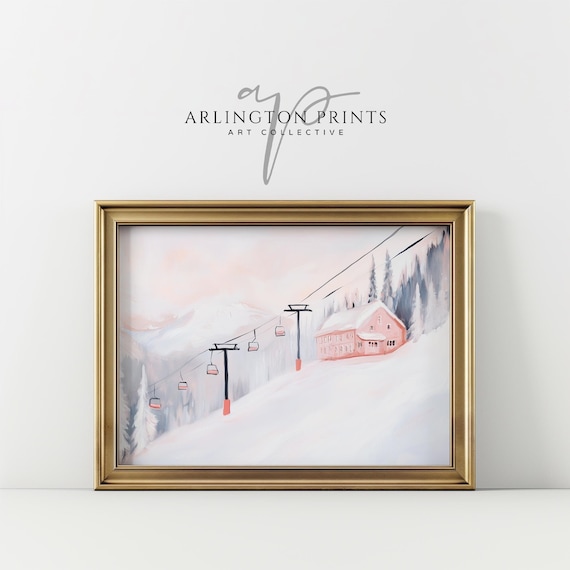 Pink Christmas Ski Lodge Wall Art, PRINTABLE Snowy Winter Painting, Pink Mountain Landscape Print, Winter Home Decor, Vintage Ski Lift Print