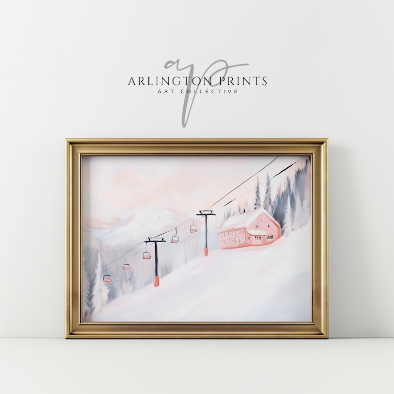 Pink Christmas Ski Lodge Wall Art, PRINTABLE Snowy Winter Painting, Pink Mountain Landscape Print, Winter Home Decor, Vintage Ski Lift Print, Abstract Acrylic Painting, Matisse Style, Soft Pastel Colors, Digital Download Art, Snowy Pink Landscape
