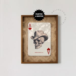 Rustikaler Western Schädel Kunstdruck, Western Cowboy Spielkarte Dekor, Herz As Wandkunst für Männerhöhle oder Bar, Vintage Style Poster UNGERAHMT DC-69