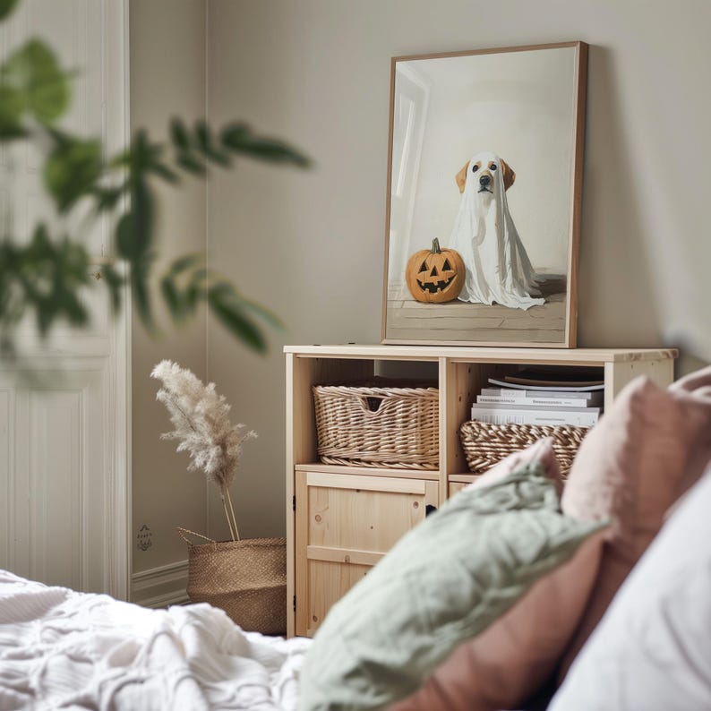 Cute Ghost Dog Halloween Art, Trick or Treat, Dog in Ghost Costume