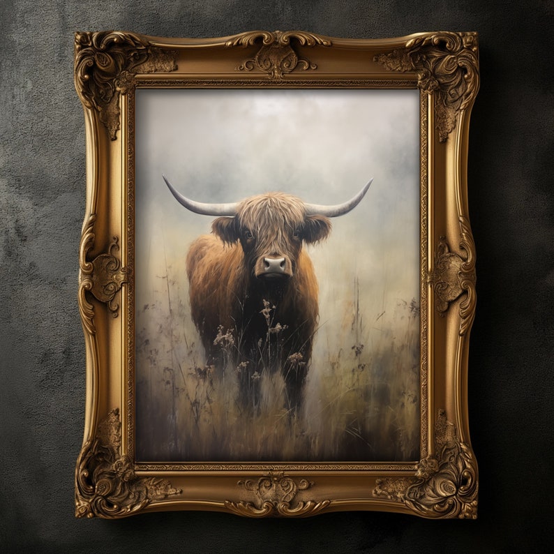 May include: A painting of a Highland cow standing in a field of tall grass. The cow is brown and white with long horns. The background is a soft, muted green and brown.