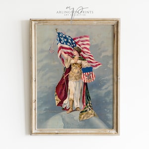 4th of July Vintage Wall Art | Americana Art | Columbia Standing Over The World | Printable American Flag |  Independence Day