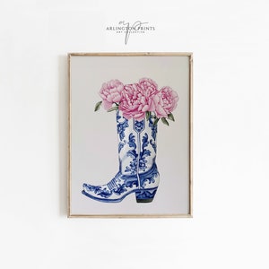 Arte de pared de flores rosas de bota azul, vaquera costera imprimible, decoración preppy, descarga instantánea, arte boho, estética de dormitorio universitario P219