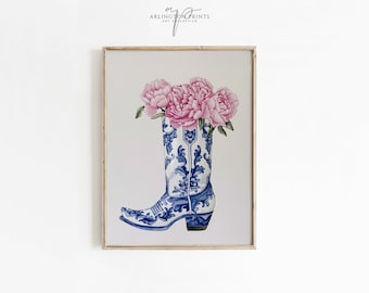 Blue Boot Pink Flowers Wall Art, Printable Coastal Cowgirl, Preppy Decor, Instant Download, Boho Art, College Dorm Room Aesthetic P219