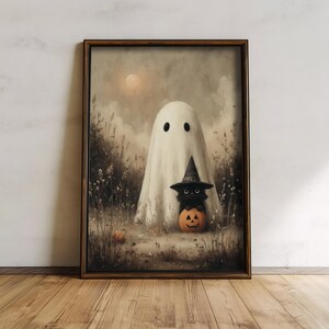 Set of 4 cute Halloween ghost art prints, vintage spooky fall wall decor, rustic autumn printable artwork, cottagecore Halloween home decoration