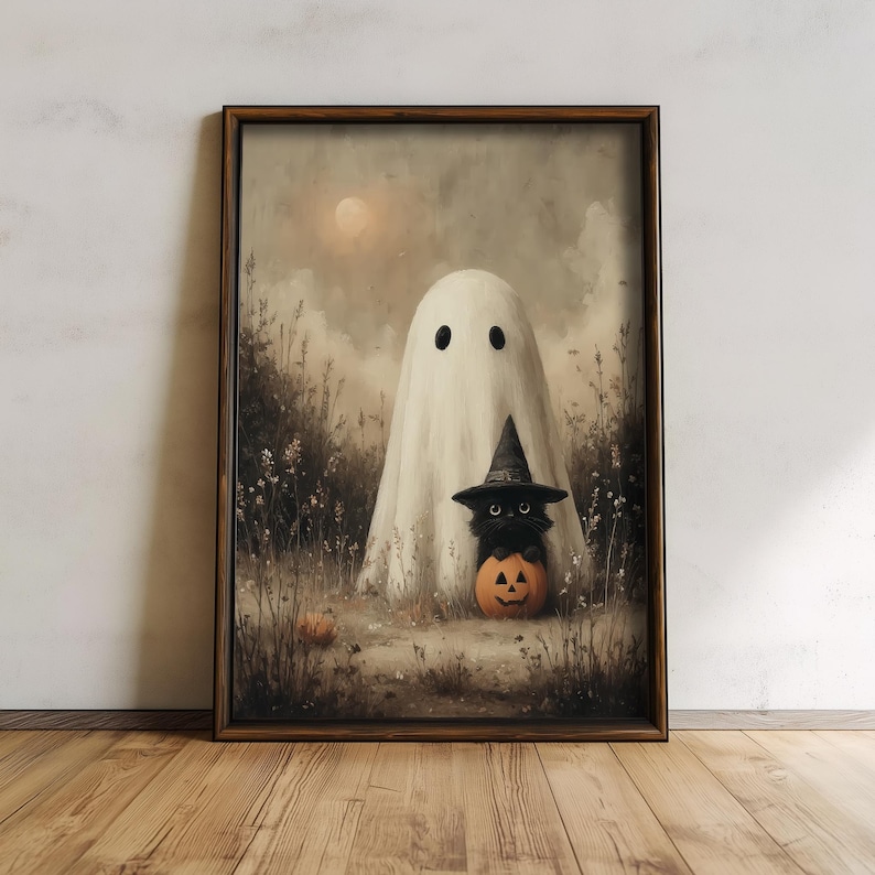 Set of 4 cute Halloween ghost art prints, vintage spooky fall wall decor, rustic autumn printable artwork, cottagecore Halloween home decoration