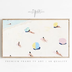 Arte para TV con marco Samsung, escena de playa minimalista de verano con sombrillas pastel, decoración costera moderna, protector de pantalla para TV / SD-23