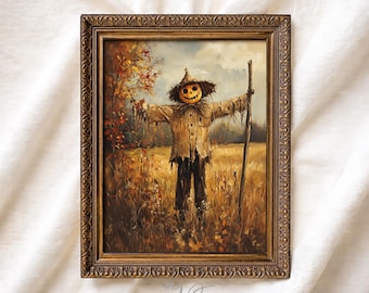 Halloween Scarecrow Printable Wall Art, Pumpkin Head Harvest Painting, Vintage Style Autumn Decor #247
