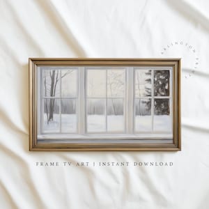 Samsung Frame TV art depicting a realistic painted window view of a serene winter landscape. Soft light filters through frosted glass panes, revealing snow-covered trees and a peaceful gray-and-white forest scene outside. The brushstrokes create a cozy, minimalist atmosphere perfect for modern farmhouse or winter home décor.