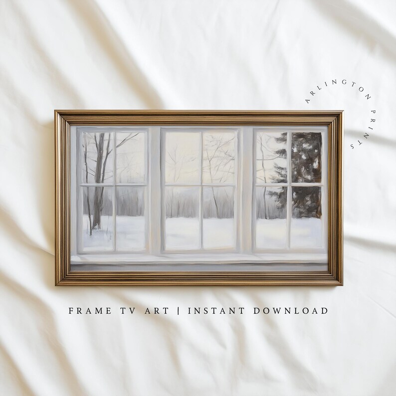 Samsung Frame TV art depicting a realistic painted window view of a serene winter landscape. Soft light filters through frosted glass panes, revealing snow-covered trees and a peaceful gray-and-white forest scene outside. The brushstrokes create a cozy, minimalist atmosphere perfect for modern farmhouse or winter home décor.