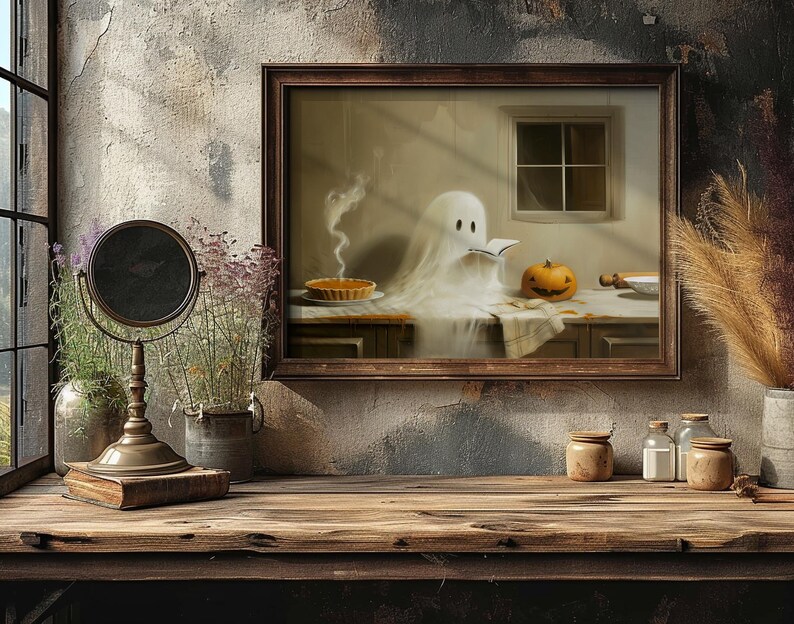 Cute Ghost Kitchen Wall Art, Baking Ghost, Halloween Art Print, Pumpkin ...