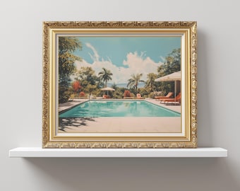 Vintage Poolside Vibes PRINTABLE Art | Swimming Pool Painting | Retro Summer Digital Art File | Retro Palm Springs Pool Print