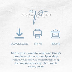 May include: A graphic with three icons: a download arrow, a printer, and a picture frame. The text below the icons reads: "Download, Print, Frame. Print from the comfort of your home, through an online service, or at a local print shop. Frame it yourself for a personal touch, or opt for professional framing - the choice is entirely yours!"