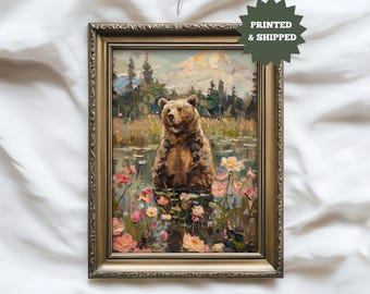 Woodland Bear Poster, Meadow Flower Forest Wall Art Print, Rustic Nature Animal Decor, Giclée Bear Print for Cabin or Nursery #WB-841