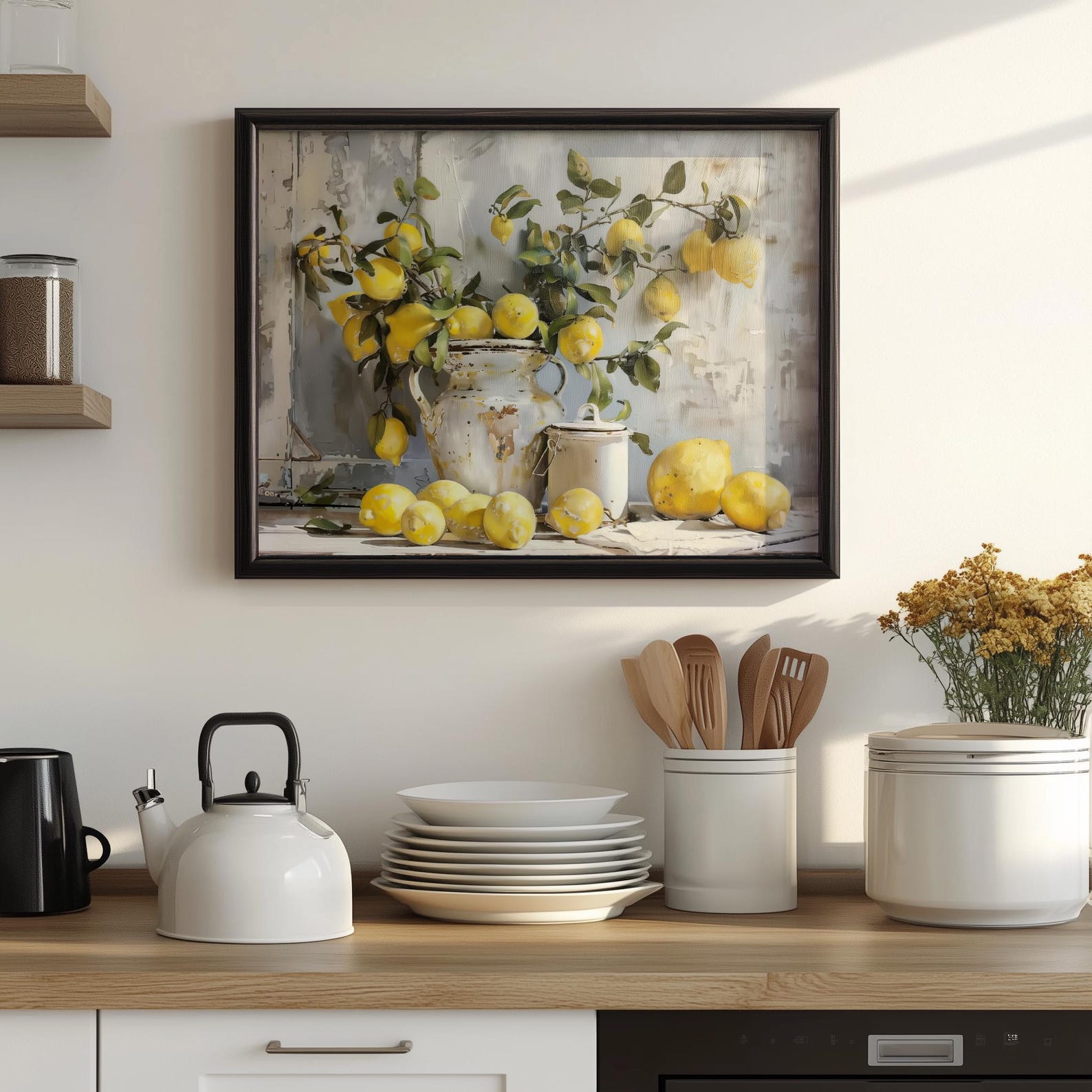 boho farmhouse kitchen decor paintings prints |... Rustic Farmhouse Kitchen Painting | Printable Still Life Lemon Wall Art ...